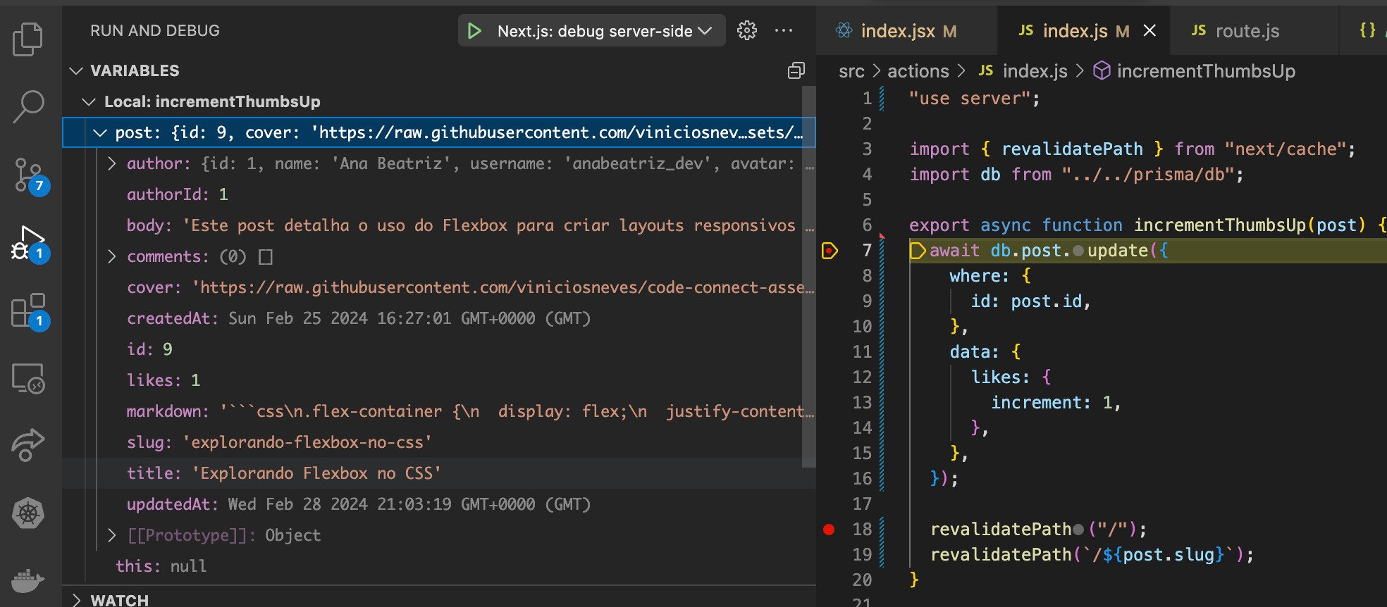 Arquivo no VS Code com breakpoint dentro do metodo increment thumbs up a fim do depurador parar na linha 7, onde é atualizado o thumbs up.