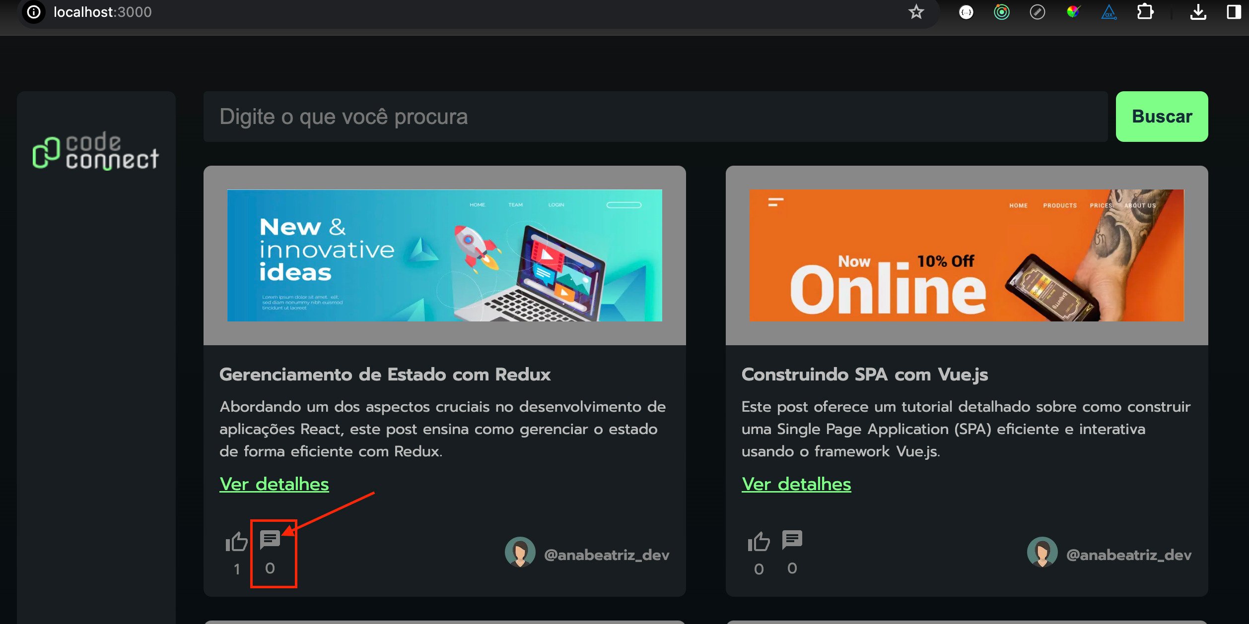 Blog de tecnologia destacando posts sobre Redux e Vue.js; seta vermelha indica ícone de mensagem.