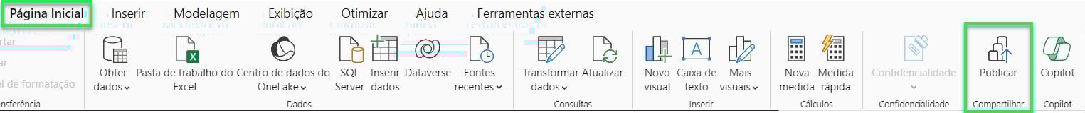 Captura de tela do botão de Publicar no Power BI Desktop, com a aba de Página Inicial e o botão de Publicar destacados com um retângulo verde.