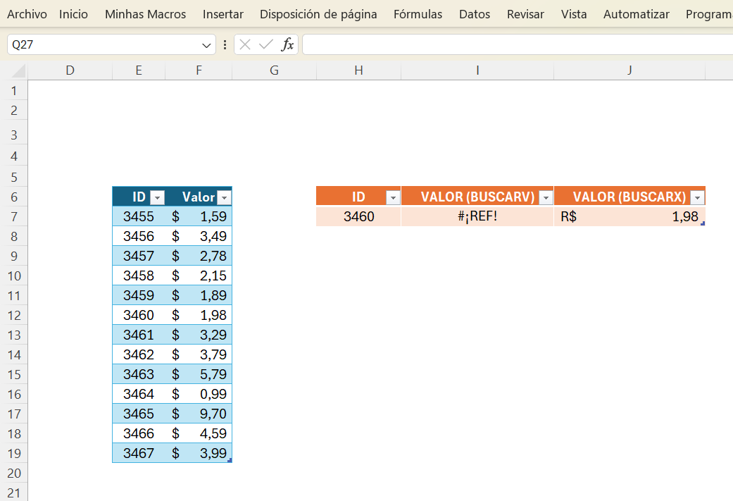 Hoja de cálculo de Excel, que contiene 2 tablas. La primera tabla, a la izquierda, contiene los títulos ID y Valor. La segunda tabla, a la derecha, contiene los títulos ID, Valor (BUSCARV) y Valor (BUSCARX). En la columna Valor (BUSCARV) se muestra un error de sintaxis 