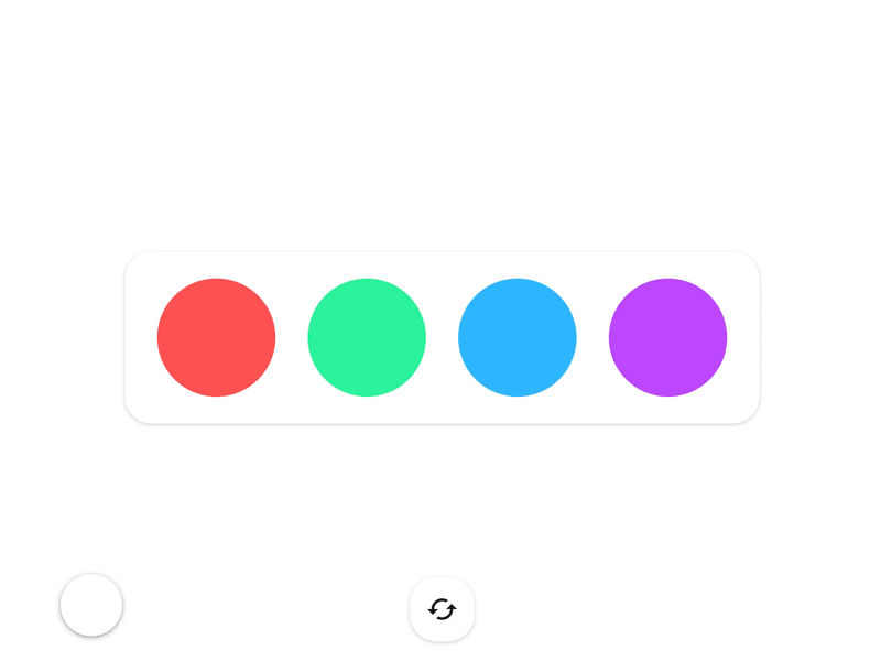 O Gif apresenta quatro círculos coloridos alinhados horizontalmente dentro de um retângulo branco com bordas arredondadas. Da esquerda para a direita, os círculos são: vermelho, verde, azul e roxo. Ao clicar em um dos círculos, ele vira um retângulo e dentro dele há o código hexadecimal da sua cor.