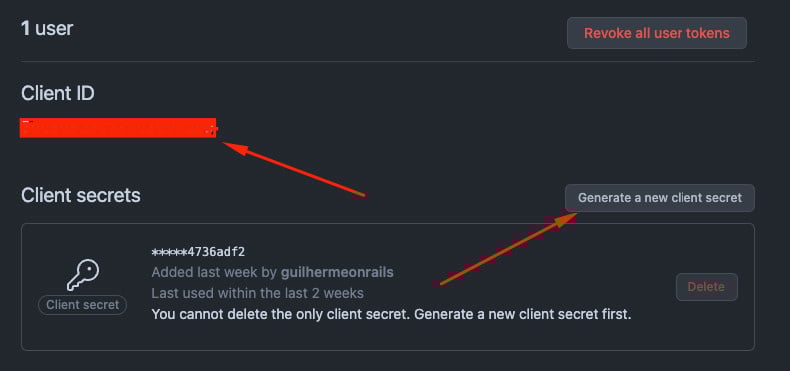 Imagem da captura de tela do registro do GitHub OAuth que mostra o local onde encontramos o CLIENT_ID e CLIENT SECRETS.