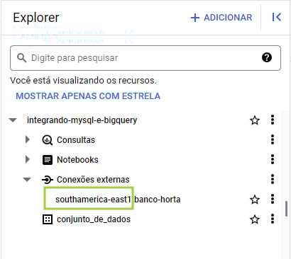 Imagem destacando a primeira parte do nome da conexão externa, que é a localização da conexão. No caso, é southamerica-east1.