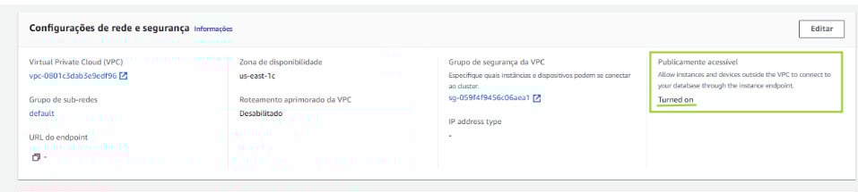 Seção de configurações de rede e segurança de uma instância na AWS, com destaque para a opção 