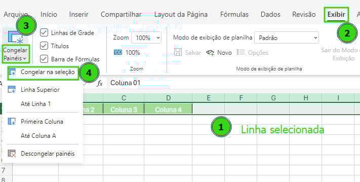 Captura de tela do painel do Excel Online ilustrando os passos de como congelar linha.