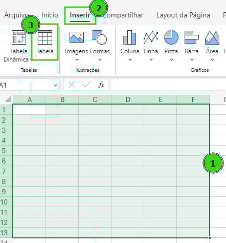 Captura de tela do Excel online ilustrando os passos para a criação de uma tabela.
