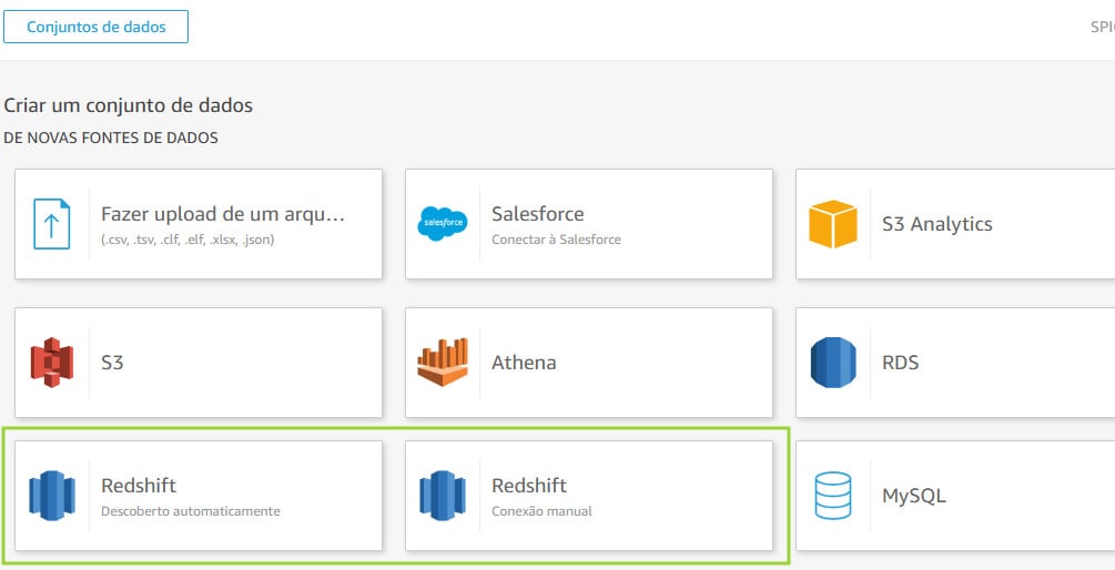 Tela de criação de conjunto de dados no Amazon QuickSight, exibindo diversas opções de fontes de dados; as opções “Redshift - Descoberto automaticamente” e “Redshift - Conexão manual” estão destacadas por uma borda verde.