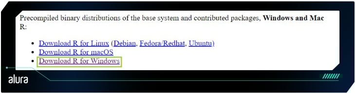 Página de downloads do R com links para Linux, macOS e Windows, destacando o link 