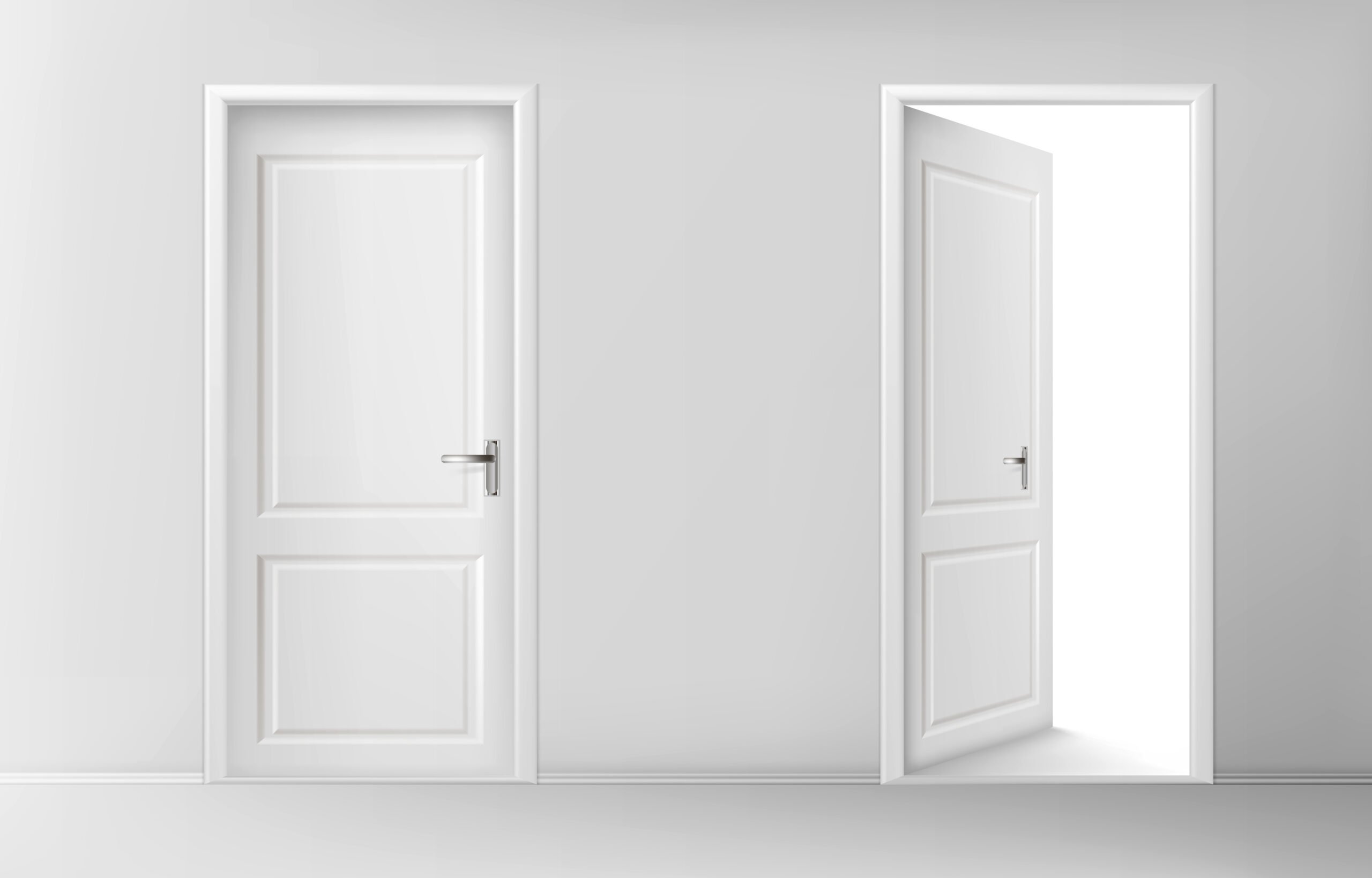 Duas portas brancas em uma parede cinza clara. A porta da esquerda está completamente fechada, enquanto a porta da direita está entreaberta, revelando um fundo totalmente branco e iluminado.
