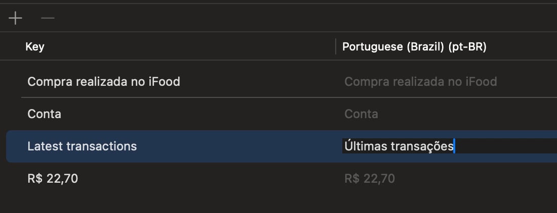 A imagem mostra uma tela do Xcode de edição de traduções de strings para o projeto 