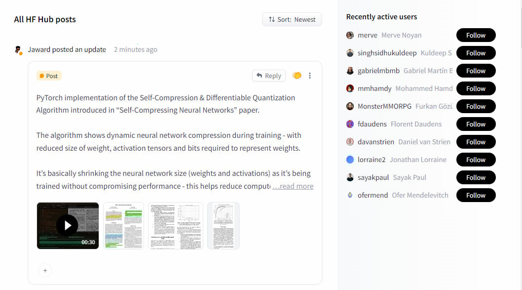 A imagem mostra um feed de uma comunidade online. A parte à direita mostra uma lista de usuários recentemente ativos com a opção de segui-los. A parte à esquerda mostra um post de um usuário chamado 