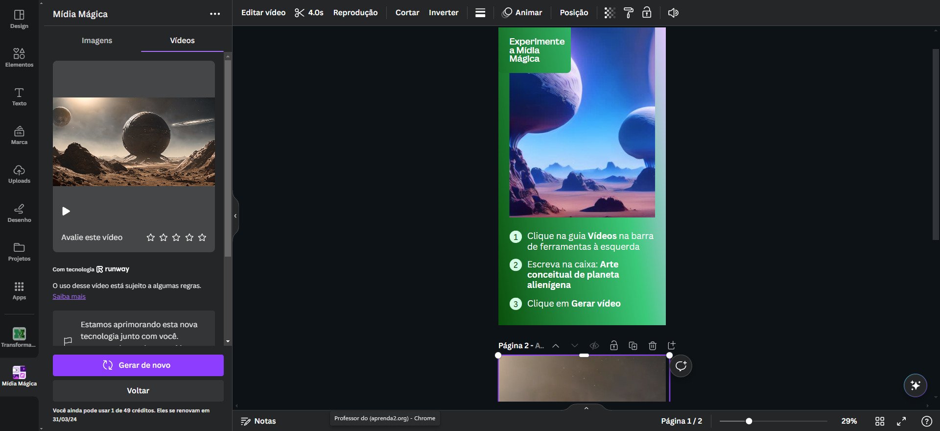 PrintScreen da ferramenta Mídia Mágica iniciando a criação de um vídeo baseado na descrição: Arte conceitual de planeta alienígena.