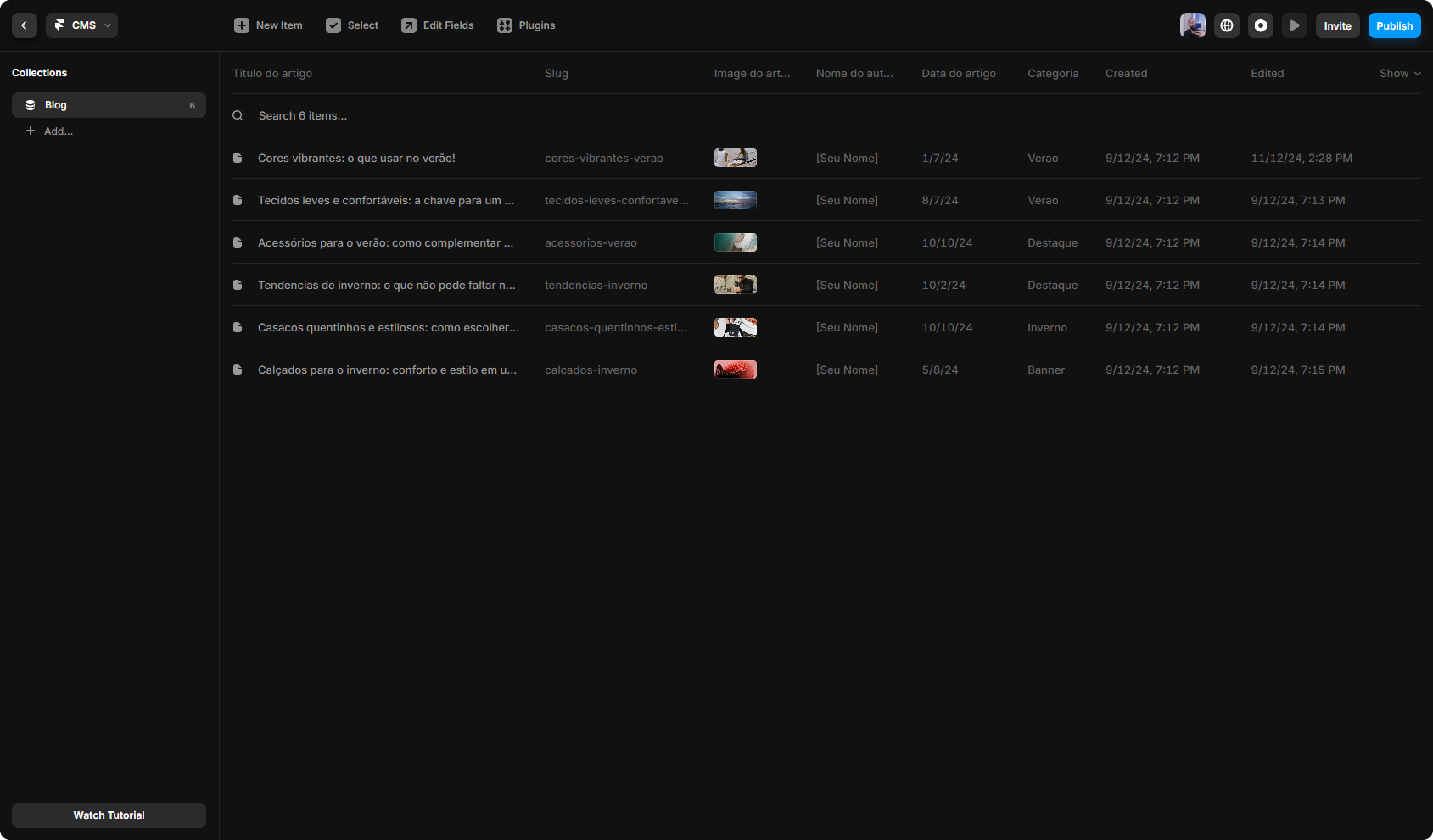 Interface do CMS (Content Management System) com a coleção 