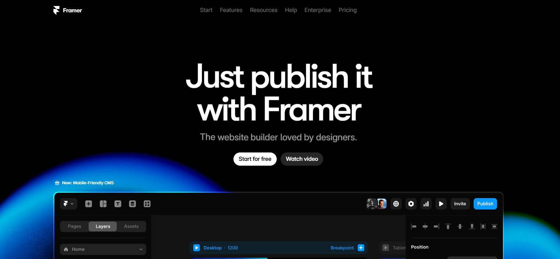 Imagem do site do Framer, com um fundo escuro e o texto 