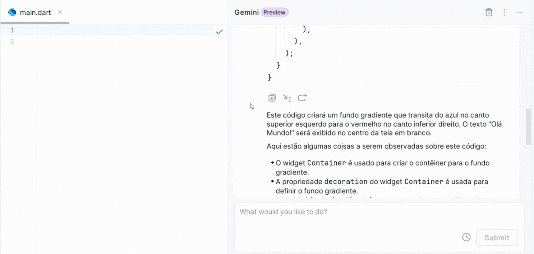 Imagem mostrando a criação de um fundo gradiente em um código Dart. A janela Gemini explica que o gradiente vai do azul ao vermelho, com o texto 
