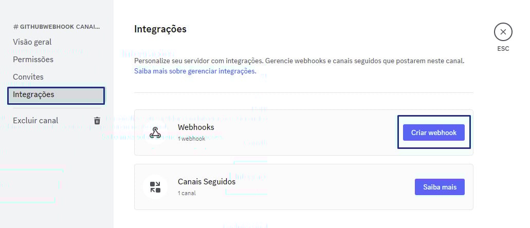 Captura de tela mostrando a página de gerenciamento de integrações para um canal do Discord. Aparece a opção de Webhooks nas integrações e está destacado o botão “Criar webhook” à direita.