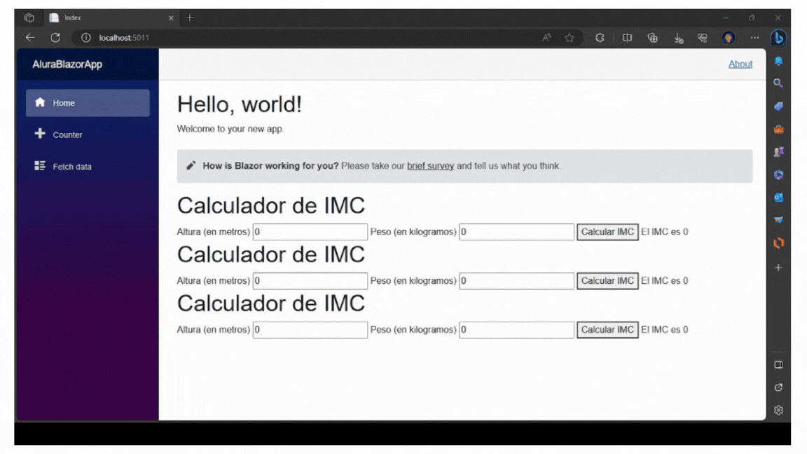 Gif-02 - Gif que presenta 3 calculadoras de IMC en la página de la aplicación. En la primera, aparece la tipificación de 