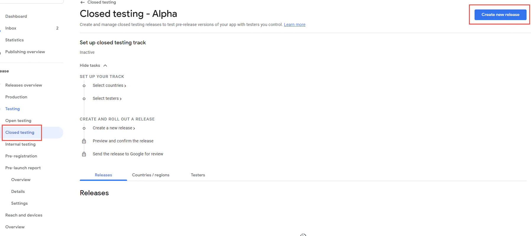 Tela da Google Play Console na seção de 
