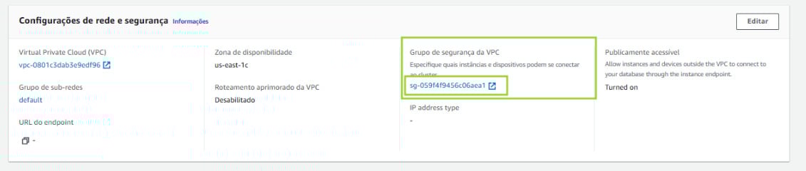 Tela de configurações de rede e segurança de uma instância na AWS, com destaque para o campo 
