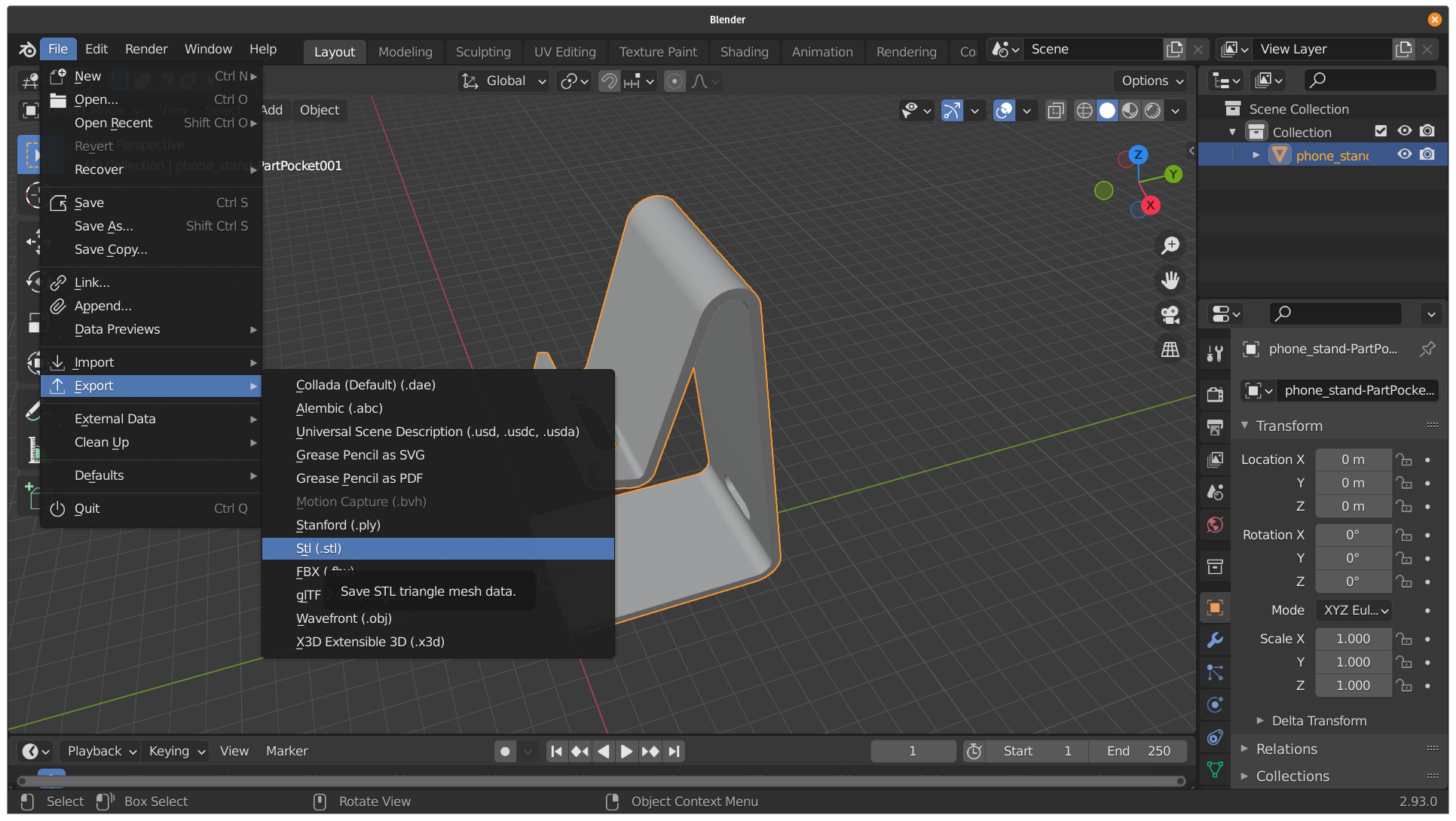O programa Blender com o menu File aberto na opção Export - class=