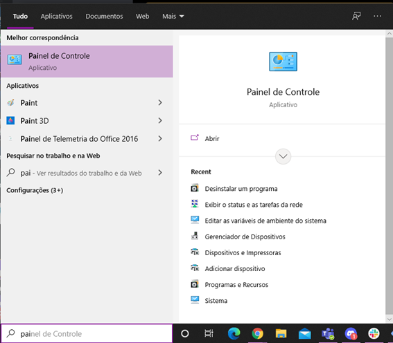 Screenshot da tela de busca do Windows com resultado de busca 