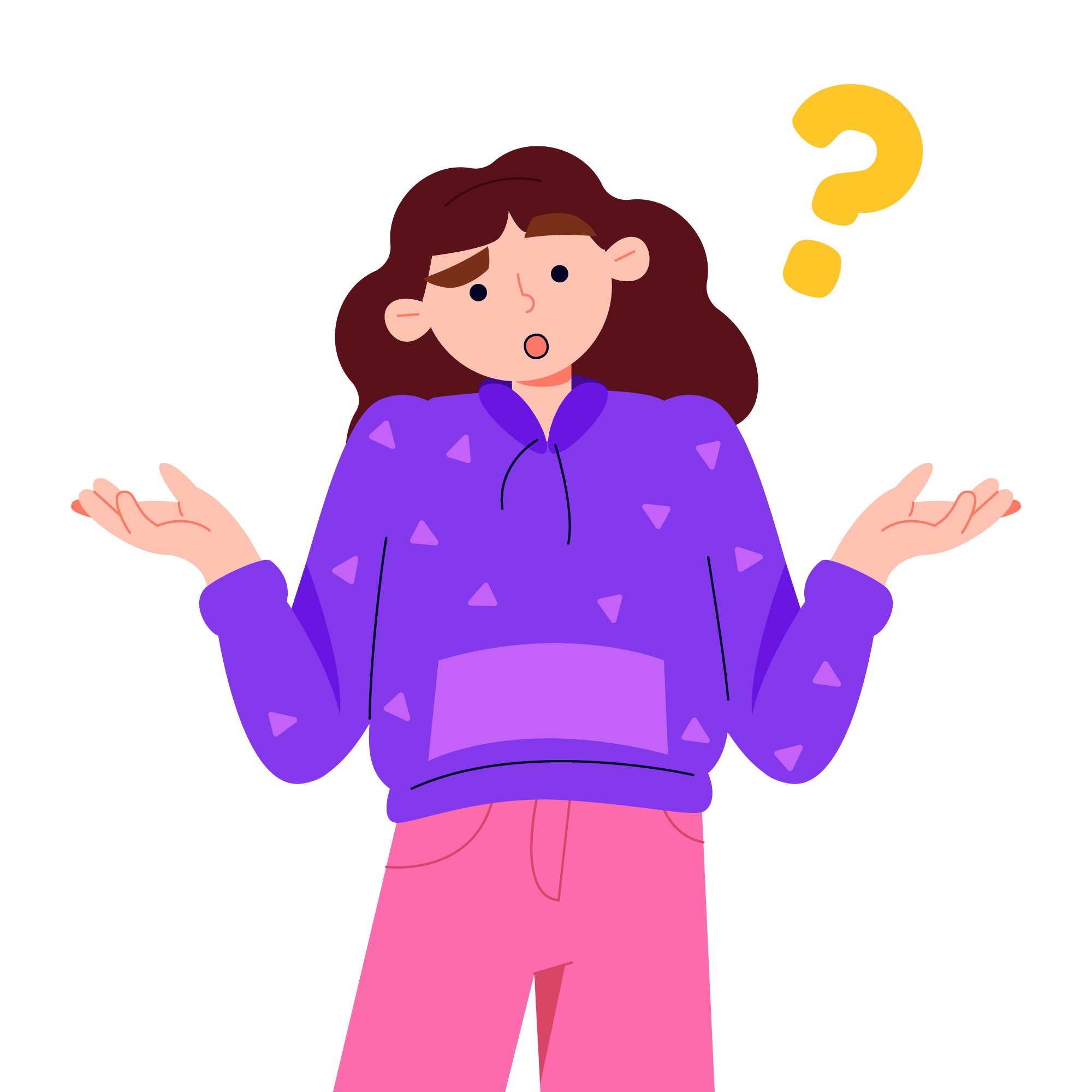 Ilustração de uma pessoa com expressão de dúvida. A personagem tem cabelo castanho, veste um moletom roxo com detalhes em forma de triângulo e calça rosa. Está com os braços abertos e as palmas das mãos viradas para cima, em gesto de questionamento. Ao lado de sua cabeça, há um ponto de interrogação amarelo.