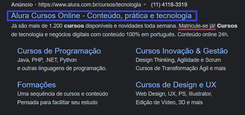 Print de tela mostrando o anúncio de cursos da Alura com o título destacado e a chamada para ação da descrição 