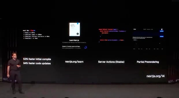 Guillermo Rauch ao lado de três telas grandes durante uma conferência técnica. A tela da esquerda exibe um código de computador destacando a melhoria de 53% na compilação inicial e 94% na rapidez das atualizações de código. O meio da tela mostra a página inicial de um site educativo para aprender sobre Next.js com a URL nextjs.org/learn. A tela da direita discute recursos do Next.js, como 'Server Actions (Estável)' e 'Partial Pre-rendering', com exemplos de código e a URL nextjs.org/14.