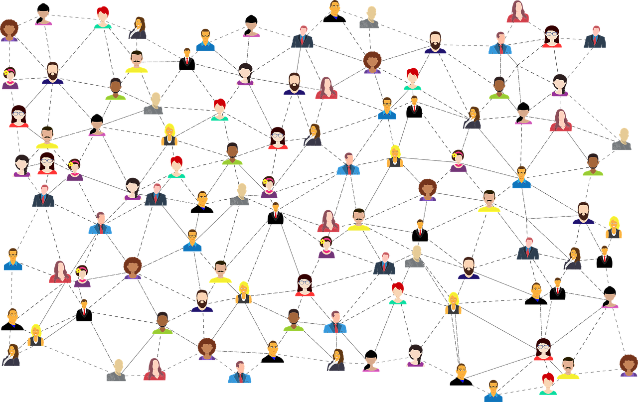 Várias pessoas desenhadas com linhas ligando umas às outras.