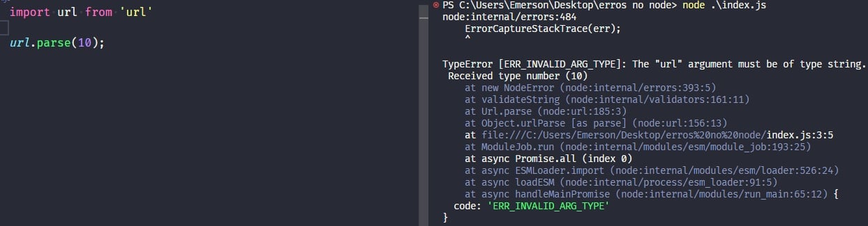 Captura de tela colorida em recorte. Tela do editor de texto Visual Studio Code com o fundo em azul escuro e letras brancas, rosas, verdes e roxas, onde temos a esquerda o código, escrito:import url from 'url';url.parse(10);À esquerda é apresentado o terminal escrito:PS C:\Users\Emerson\Desktop\erros no node class=