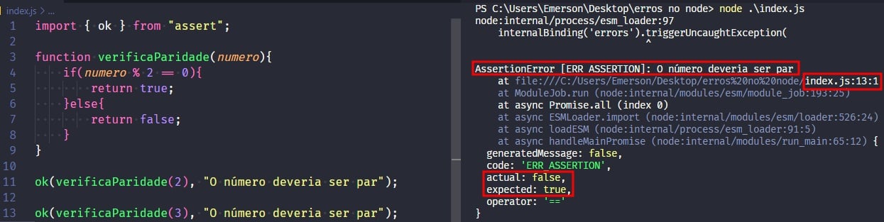 Captura de tela colorida em recorte. Tela do editor de texto Visual Studio Code com o fundo em azul escuro e letras brancas, rosas, verdes e roxas, onde temos a esquerda o código, escrito:import {ok} from 'assert';function verificaParidade(numero){    if(numero % 2 === 0){        return true;    }else{        return false;    }}ok(verificaParidade(2), 'O número deveria ser par');ok(verificaParidade(3), 'O número deveria ser par');À esquerda é apresentado o terminal escrito: C:\Users\Emerson\Desktop\erros no node class=