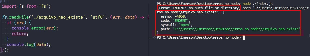 Captura de tela colorida em recorte. Tela do editor de texto Visual Studio Code com o fundo em azul escuro e letras brancas, rosas, verdes e roxas, onde temos a esquerda o código, escrito:import fs from 'fs';fs.readFile('./arquivo_nao_existe','utf-8'(err,data)= class=