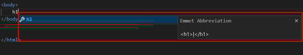 Imagem retirada dentro do VS Code. Possui um fundo preto, textos em azul e em branco. Na imagem aparece em destaque um retângulo em vermelho mostrando a funcionalidade de abreviações e autocompletar do Visual Studio Code.