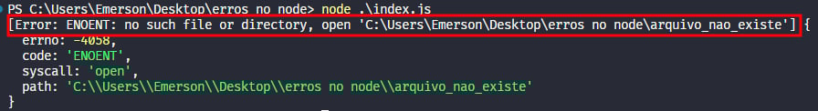 Captura de tela colorida em recorte. Tela do editor de texto Visual Studio Code com o fundo em azul escuro e letras brancas, amarelas, verdes e roxas,onde temos escrito no terminal:PS C:\Users\Emerson\Desktop\erros no node class=
