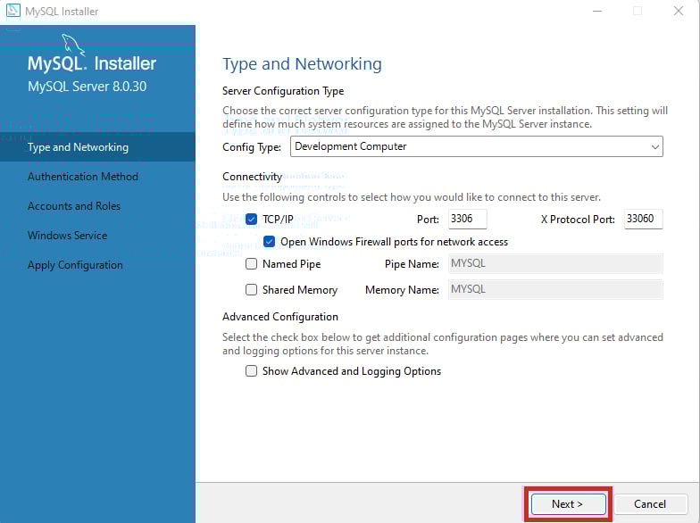 Na sequência, temos a página do MySQL Installer, com a aba Type and Networking selecionada,  com o botão Next destacado com um retângulo vermelho abaixo.