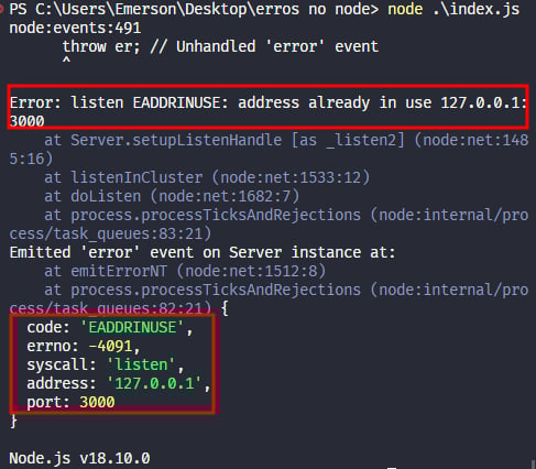 Captura de tela colorida em recorte. Tela do editor de texto Visual Studio Code com o fundo em azul escuro e letras brancas, amarelas, verdes e roxas. O terminal possui a seguinte mensagem:PS C:\Users\Emerson\Desktop\erros no node class=