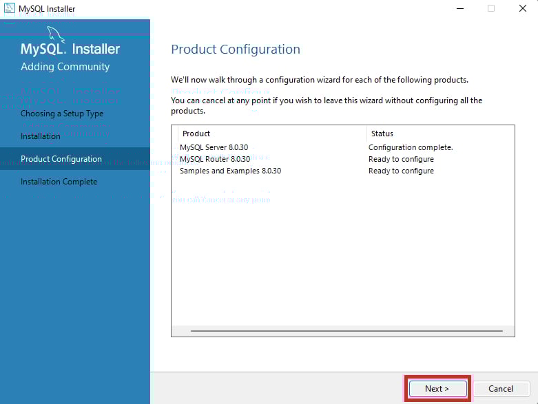 Página do MySQL Installer com a opção Product Configuration selecionada. Ao lado direito, há as informações correspondentes com o botão Next destacado com um retângulo vermelho no canto inferior direito da página.