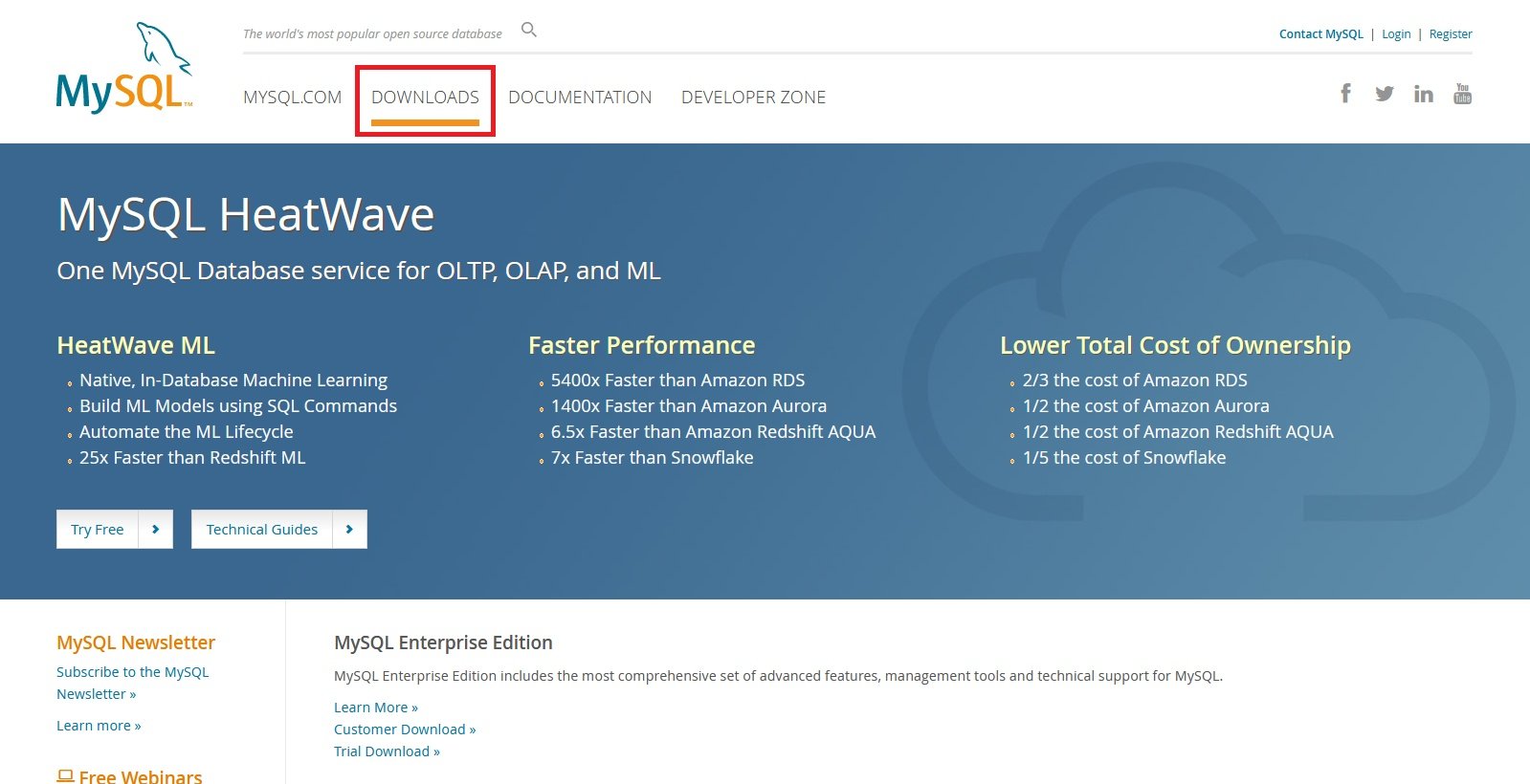Página inicial do MySQL. Na parte superior da tela temos um menu horizontal com as opções de páginas MySQL.com: downloads, documentation e developer zone. A opção downloads está destacada com um retângulo vermelho.