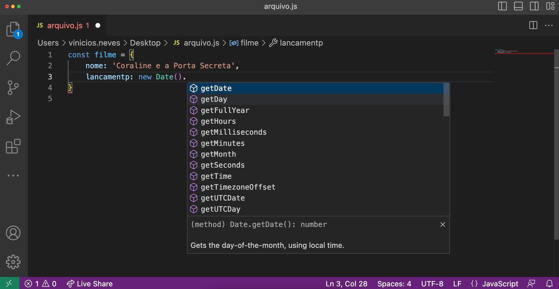 Screenshot do VSCode exibindo o Intelisense ao manipular um objeto Date dentro de arquivos.js