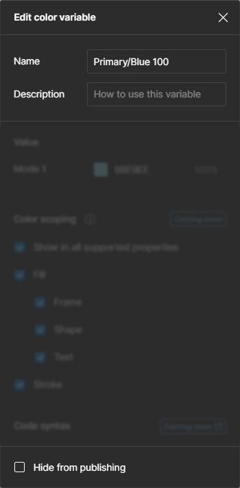 Variável de cor mostrando os campos “Nome” e “Descrição” na parte superior, e na parte inferior um checkbox com o texto 