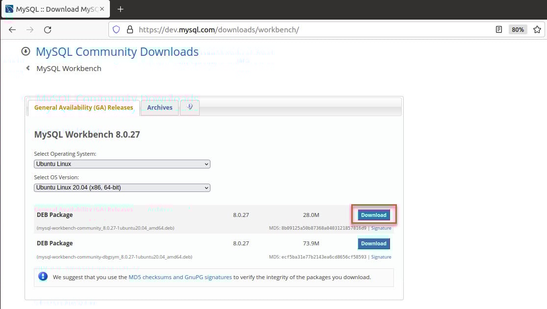 Site da página de download dos arquivos MySQL. No canto superior da imagem é apresentada a URL: https://dev.mysql.com/downloads/workbench/. Logo abaixo, na cor azul, é apresentada a frase: MySQL Community Downloads. No centro da imagem temos duas opções para realização de download. No lado direito, a primeira palavra download é apresentada destacada por um retângulo vermelho.