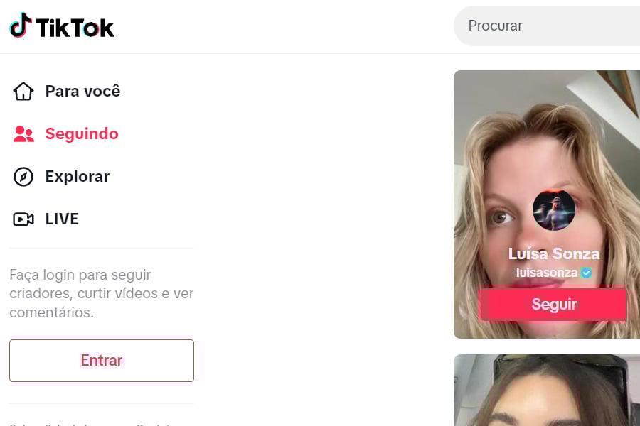 Print da página inicial do website do TikTok, que mostra à esquerda as opções de navegação: para você, seguindo, explorar, live e entrar. Além de, no centro da página, mostrar os influenciadores que estão em alta na plataforma, como é o caso da Luísa Sonza.