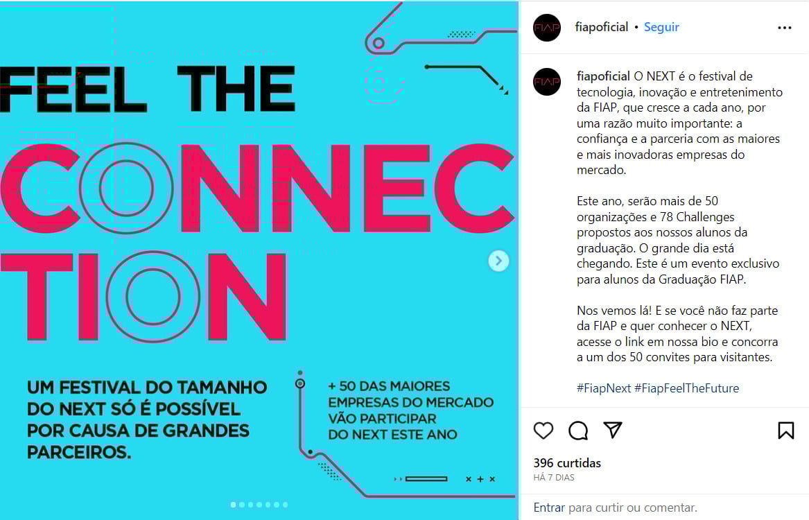 PrintScreen de Tela do Instagram da FIAP @fiapoficial em trinta de outubro de dois mil e vinte e três, com informações sobre o Festival NEXT com informações na parte central superior e parte inferior nos lados direito e esquerdo nas cores rosa e preta em um fundo azul claro neon.