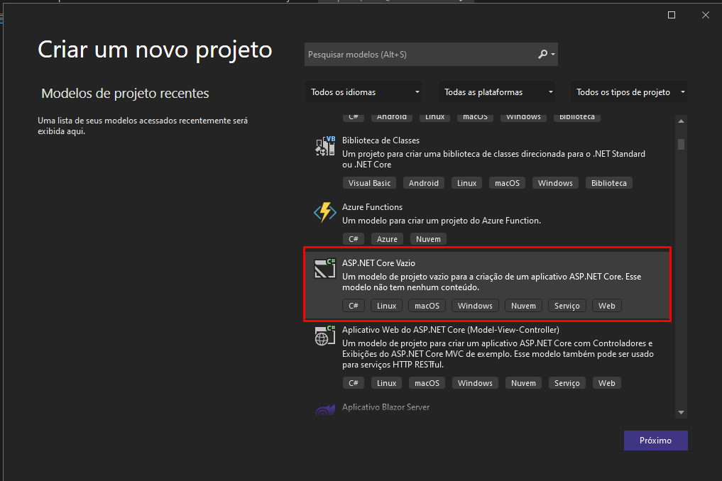 Na imagem vemos a tela do Visual Studio 2022 destacando a opção de
projeto  ASP.NET  Core Vazio.