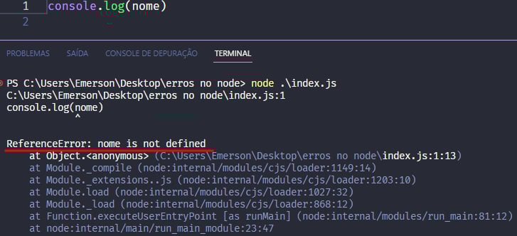 Captura de tela colorida em recorte. Tela do editor de texto Visual Studio Code com o fundo em azul escuro e letras brancas, roxas, verdes e amarelas, onde temos ao topo o código, escrito:console.log(nome)Logo abaixo é apresentado o terminal escrito:PS C:\Users\Emerson\Desktop\erros no node class=