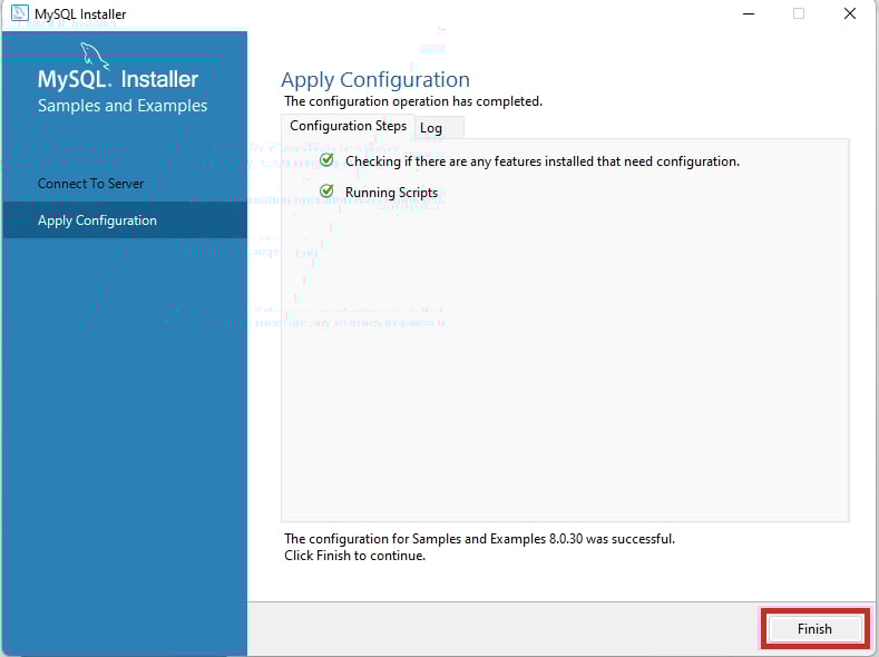 Página do MySQL Installer que mostra o fim da instalação e documentos que podem ajudar na utilização do MySQL, como a documentação. À esquerda,  há um menu de cor azul, com a segunda opção selecionada 