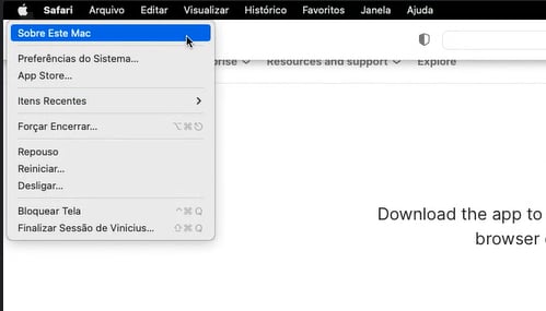 Imagem de fundo branco com o Apple Menu aberto, com destaque para a opção “Sobre Este Mac