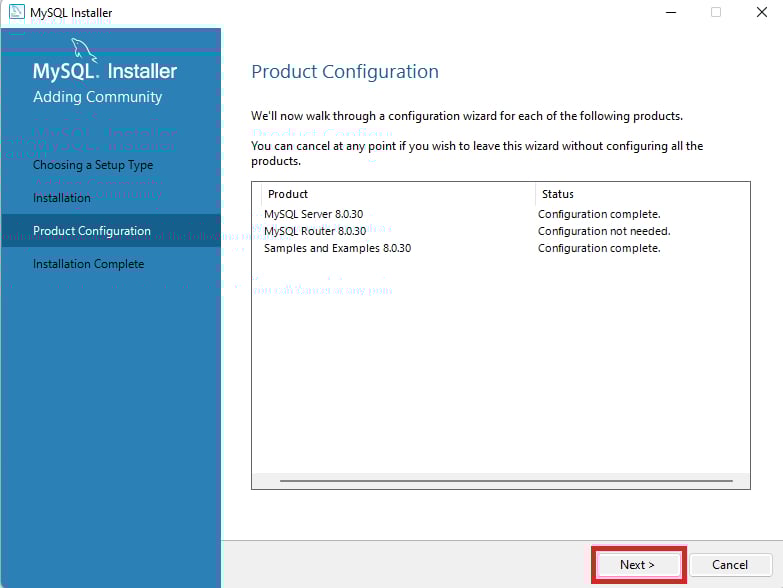 Página do MySQL Installer que mostra o fim da instalação e documentos que podem ajudar na utilização do MySQL, como a documentação. À esquerda,  há um menu de cor azul, com a terceira opção selecionada 