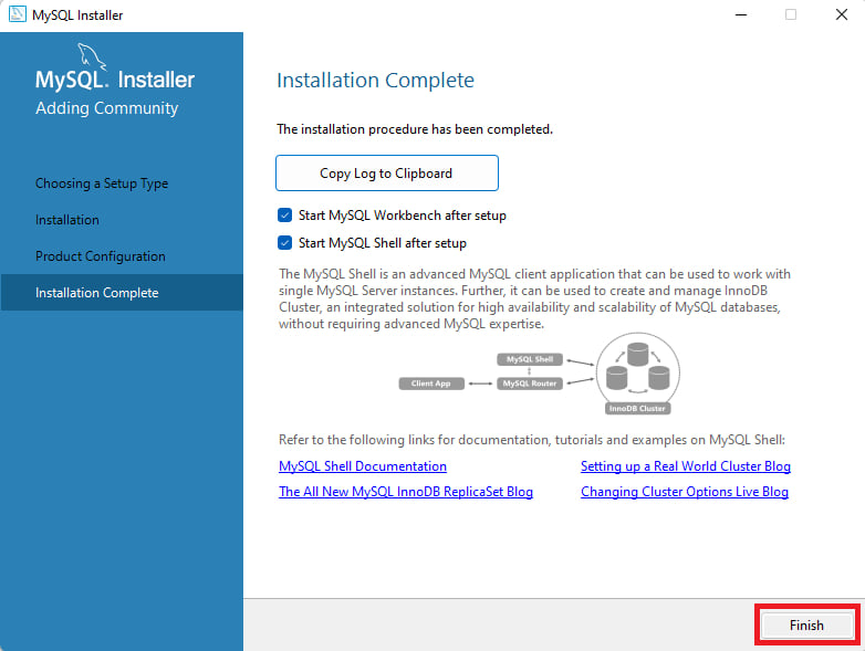 Página do MySQL Installer que mostra o fim da instalação e documentos que podem ajudar na utilização do MySQL, como a documentação. À esquerda,  há um menu de cor azul, com a quarta opção selecionada 