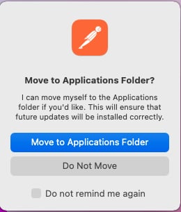 Imagem de alerta perguntando se é para mover o aplicativo do Postman para a página de aplicativos. Abaixo temos as opções “Move to Applications Folder” e “Do not move”.